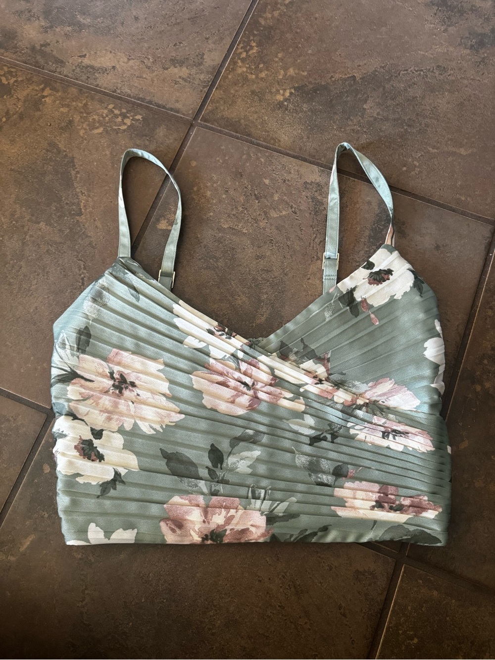 Abercrombie & Fitch Sage Green Floral Pleated Spaghetti Strap Top